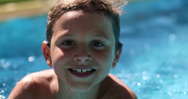 Handsome Child Boy Swimming Pool Smiling Camera — стоковое видео