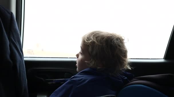 Little Boy Backseat Car Looking Out Car Window Road Traveling — Wideo stockowe
