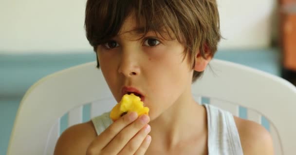 健康的な果物桃を食べる少年 — ストック動画