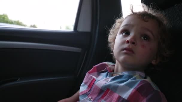 Малюк Задньому Сидінні Машини Пасажирський Хлопчик Дивиться Вікно Машини — стокове відео
