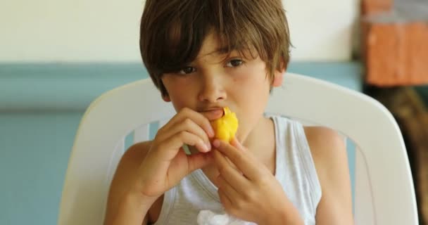 Young Boy Eating Healthy Peach Fruit — Stock video