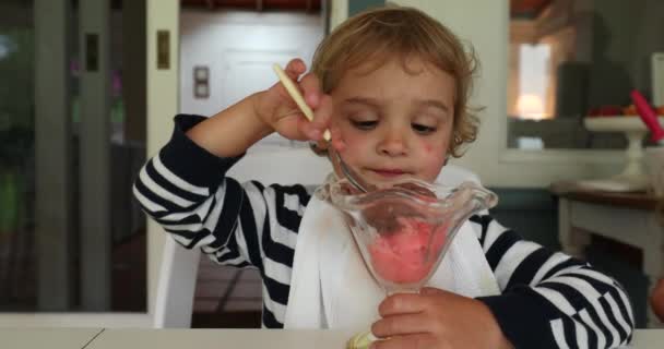 Baby Boy Eating Ice Cream Toddler Eats Dessert — Stok video