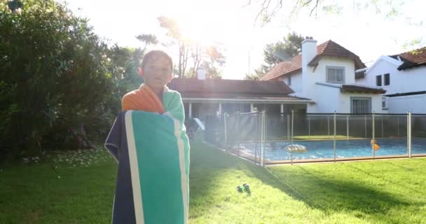 Child Posing Front Swimming Pool Covered Towel — Vídeos de Stock