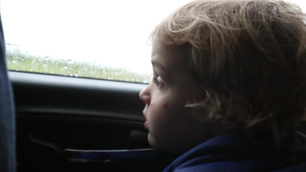 Маленький Хлопчик Який Дивиться Вікно Автомобіля Дорозі Подорожуючи — стокове відео