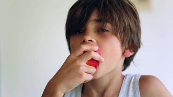 Young Boy Eats Peach Fruit Child Taking Bite Food — Wideo stockowe