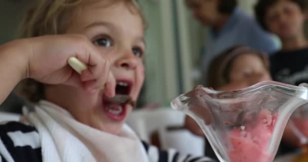 Baby Boy Eating Ice Cream Dessert Messy — Stok video