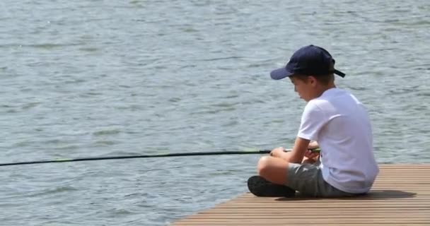 Child Outdoor Activity Little Boy Fishing Lake — Videoclip de stoc