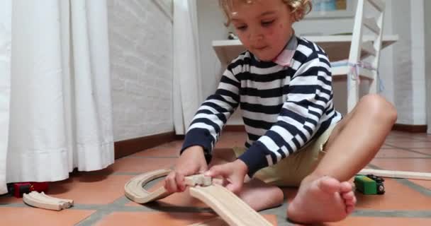 Toddler Boy Playing Wooden Car Roads Traditional Games — Wideo stockowe