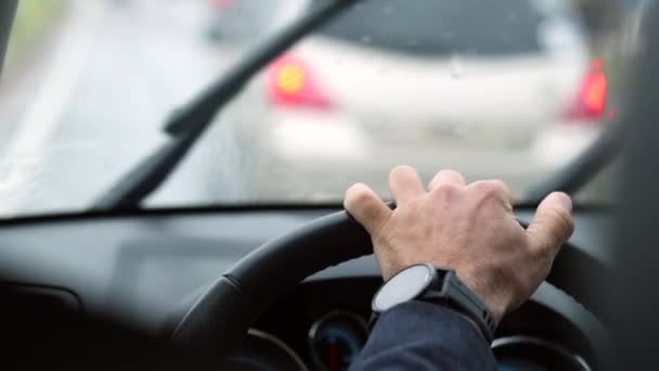Closeup Hands Holding Steering Wheel Driving Road Rainy Day — Vídeo de Stock