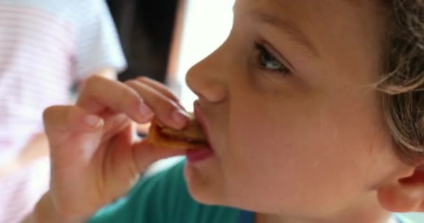 Closeup Child Eating Pancake Morning Breakfast — Stock video