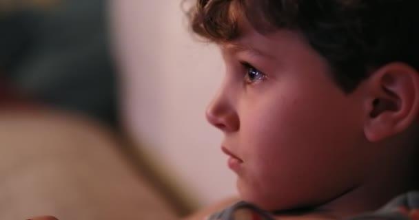 Ребенок Смотрит Телевизор Портрет Крупным Планом Мальчика Смотрящего Экран Ночью — стоковое видео