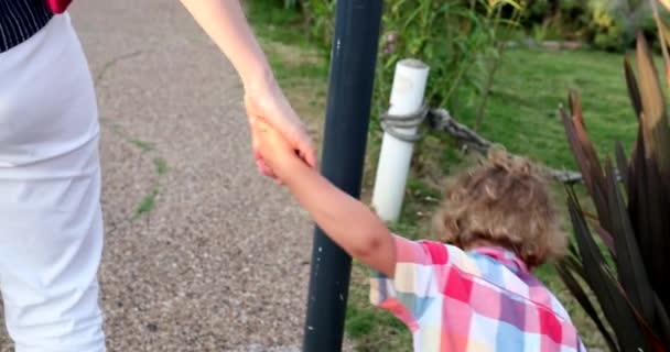 Mom Child Holding Hand Son Rabs Rock Ground — Stockvideo
