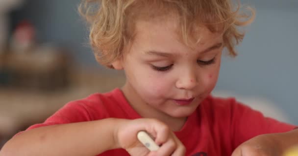 Toddler Boy Eating Yogurt Spoon Breakfast — ストック動画
