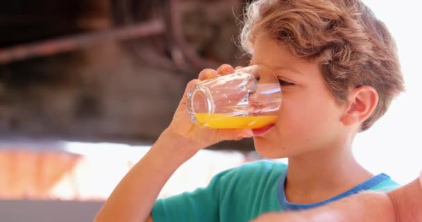 Ärligt Barn Dricker Apelsinjuice Morgonen — Stockvideo