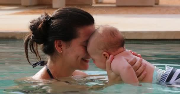 Mother Baby Together Cuddling Swimming Pool Water — Stok video