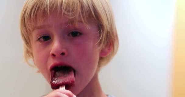 Kleiner Junge Kind Isst Eisdessert Und Schaut Die Kamera — Stockvideo