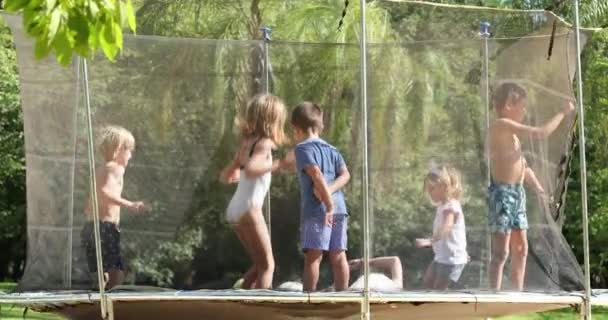 Dzieci Skaczące Wewnątrz Trampoliny Świeżym Powietrzu — Wideo stockowe