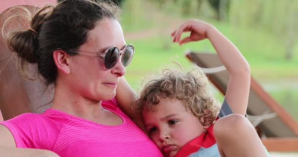 Mother Toddler Boy Together Outdoors Seated Porch — 图库视频影像