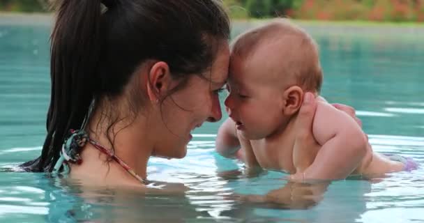 Mother Baby Interaction Swimming Pool Water Showing Love Affection Smiling — Video Stock