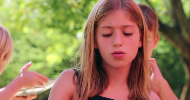 Candid Children Together Little Girl Eating Dessert Sweek Snack Spoon — Vídeo de stock