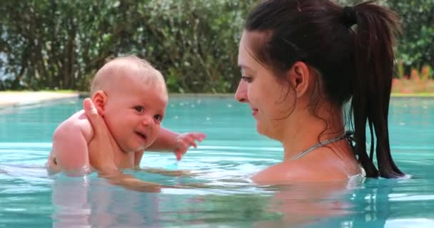 Mother Baby Son Swimming Pool — ストック動画