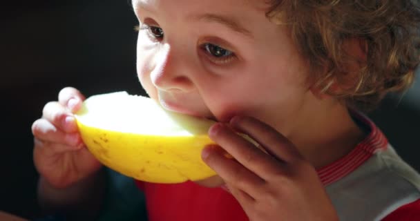 Kleiner Junge Isst Melonenfrüchte Zum Frühstück Kleinkind Nimmt Einen Bissen — Stockvideo