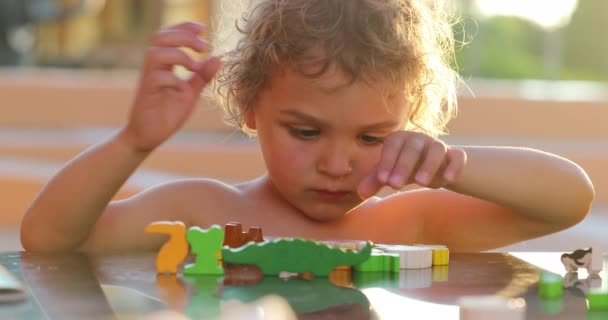 Дитячий Хлопчик Тоддлер Грає Іграшками Зовні Сонячному Світлі Маленький Хлопчик — стокове відео