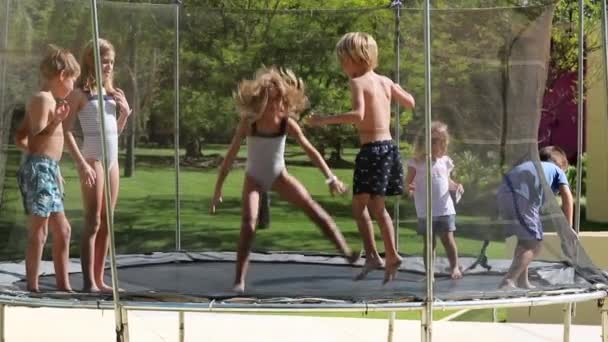 Kinder Springen Draußen Trampolin — Stockvideo