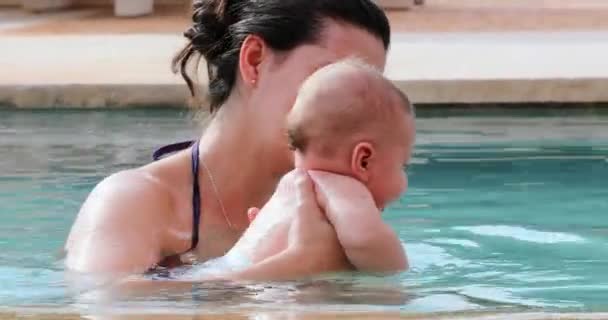 Mother Newborn Baby Infant Son Together Swimming Pool Water — Video Stock