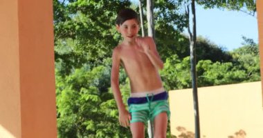 Goofy Little boy dancing at the pool setting