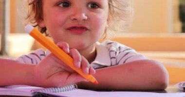 Little boy holding color pen drawing