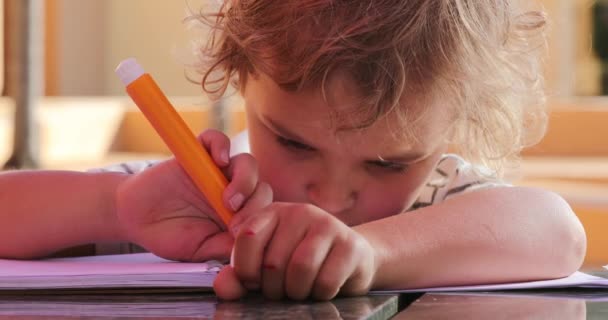 Little Boy Holding Color Pen Drawing — Vídeo de Stock