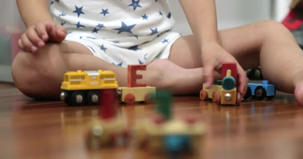 Child Toddler Playing Toys Room Alone Bed — Stock video