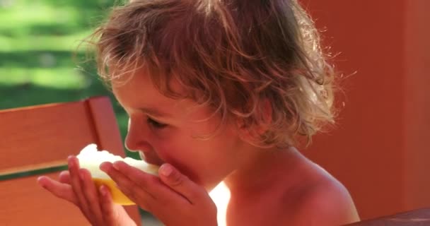 Portrait Cute Little Blonde Boy Eating Melon Fruit Outdoors — Stockvideo