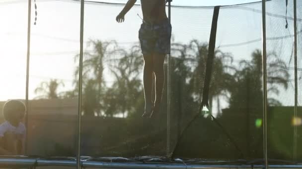 Chłopiec Skacze Wewnątrz Trampoliny Świeżym Powietrzu — Wideo stockowe