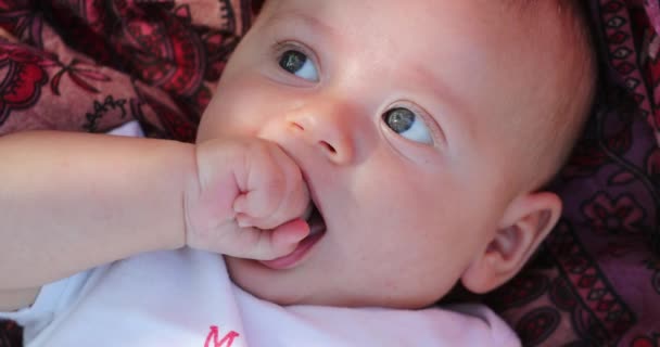 Cute Adorable Baby Infant Newborn Chewing Hand Observing — Stockvideo