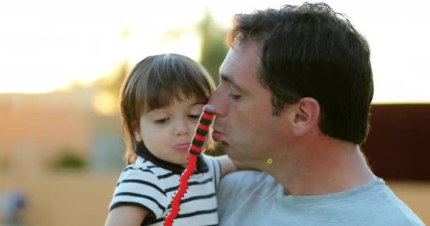 日落时分 父亲和女婴的互动爸爸亲吻孩子的脸颊 微笑着 — 图库视频影像