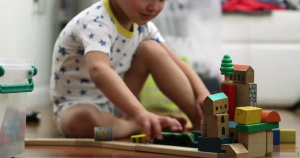 Відвертий Малюк Хлопчик Грає Дерев Яними Іграшками Одній Кімнаті — стокове відео