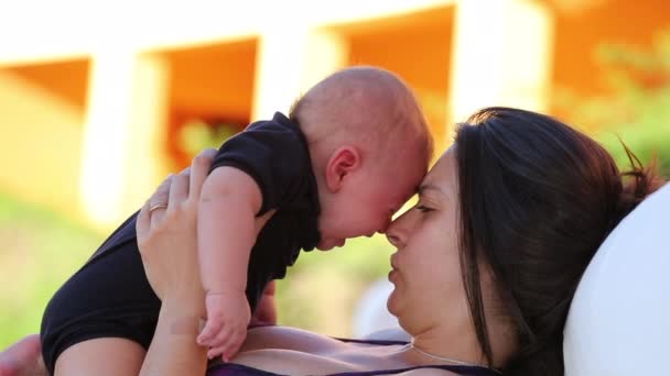 Mother Calming Embracing Upset Crying Toddler Infant Baby Son Outdoors — Wideo stockowe