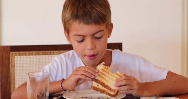 Young Boy Inspecting His Ham Cheese Sandwich Morning Breakfast Table — Vídeos de Stock