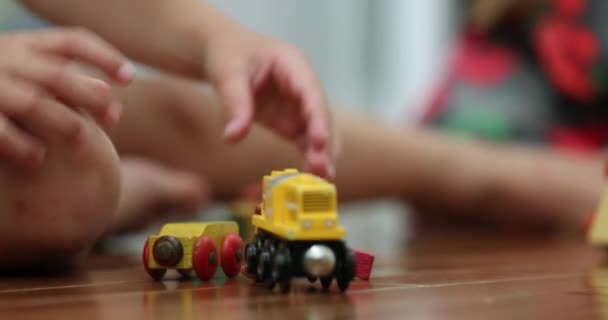 Closeup Child Hands Playing Car Toys Making Them Crash — Stockvideo