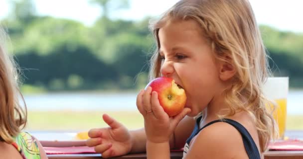 Mała Dziewczynka Jedząca Jabłko Owocowe Dziecko Biorące Gryza Jabłka — Wideo stockowe