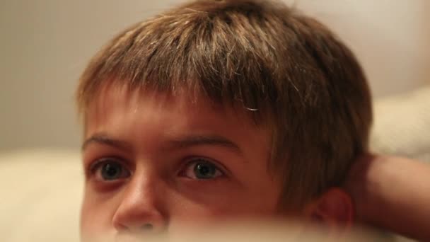 Closeup Little Boy Eyes Watching Screen — Stockvideo