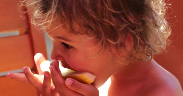 Portrait Cute Little Blonde Boy Eating Melon Fruit Outdoors — Wideo stockowe