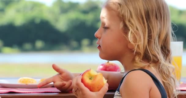 Mała Dziewczynka Rozmawia Przyjacielem Trzymając Jabłko Zewnątrz — Wideo stockowe