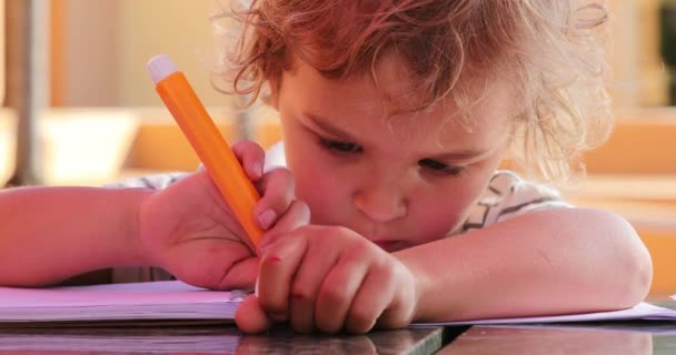 Child Drawing Holding Color Pen — Stok Video