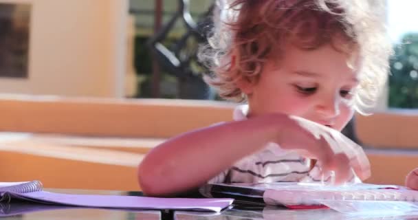 Little Boy Taking Out Color Pens Preparing Draw — Stockvideo