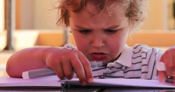 Little Boy Holding Color Pen Preparing Draw — стоковое видео