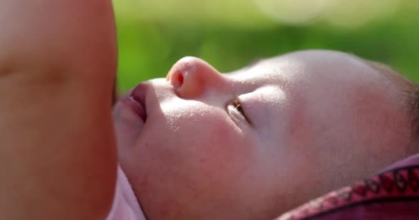 Красивое Лицо Новорожденного Младенца Лежащее Траве Открытом Воздухе — стоковое видео