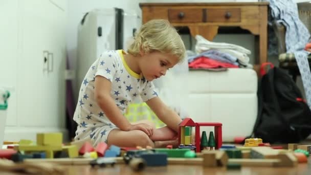 Child Feeling Happy Playing Toys Buildings Blocks Room — Wideo stockowe
